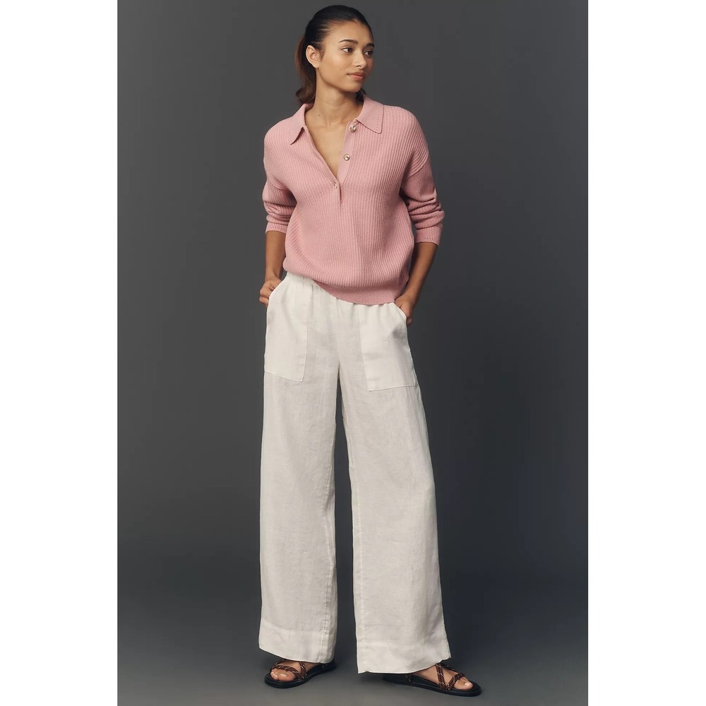 Beyond Yoga White 100% Linen Wide Leg Elastic Waist Patch Pocket Pants Large